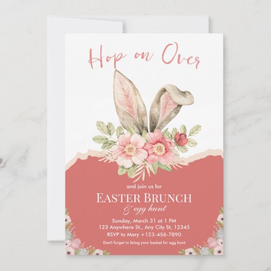 ピンクのベージュの水色のイースターブランチの上にホップ 招待状 (正面)