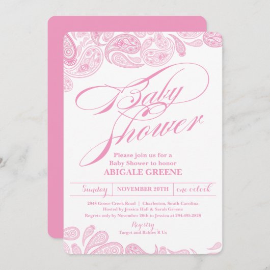 ピンクのペイズリーのベビーシャワーの招待状 招待状 (正面/裏面)