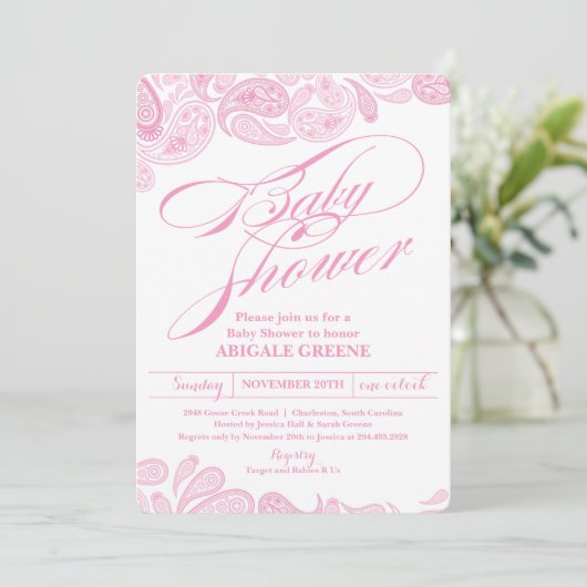 ピンクのペイズリーのベビーシャワーの招待状 招待状 (スタンド正面)