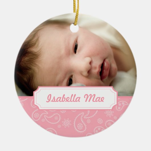 ピンクのペイズリーの写真のクリスマスツリーのオーナメント セラミックオーナメント (正面)