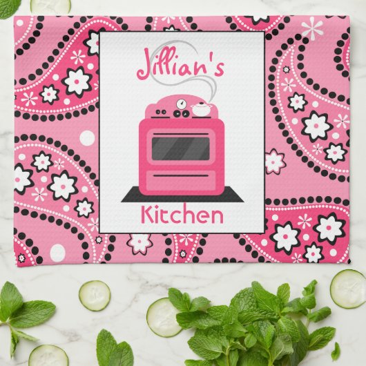 ピンクのペイズリー及びストーブのパーソナライズな台所タオル キッチンタオル (折り畳み)