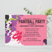 ピンクのペイントボール飛沫 バースデーパーティー 招待状 (スタンド正面)