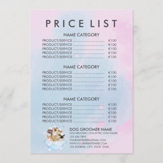 ピンクのペットグルーマー 座る 犬 猫 スパ 料金表 メニュー (正面)