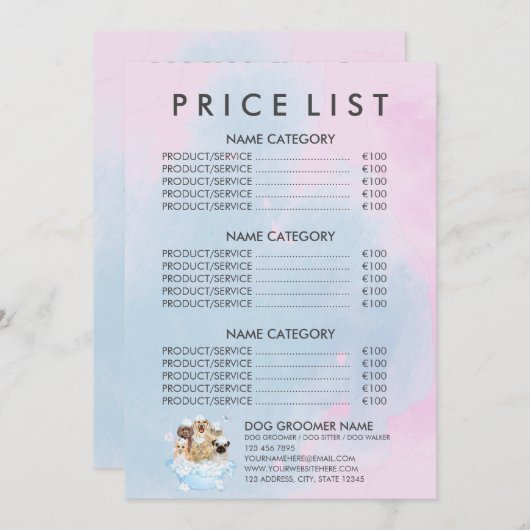 ピンクのペットトリマー座っている犬の猫のスパの価格表 メニュー (正面/裏面)