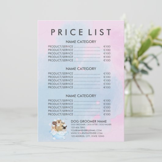 ピンクのペットトリマー座っている犬の猫のスパの価格表 メニュー (スタンド正面)