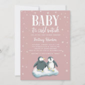 ピンクのペンギンたち 赤ちゃんのご出産おめでとう ベイビーシャワー 招待状 (正面)