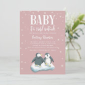 ピンクのペンギンたち 赤ちゃんのご出産おめでとう ベイビーシャワー 招待状 (スタンド正面)