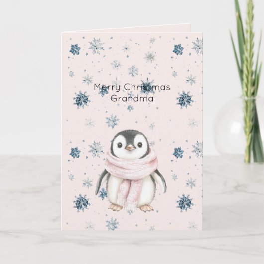 ピンクのペンギンの雪の結晶 クリスマス カード (正面)