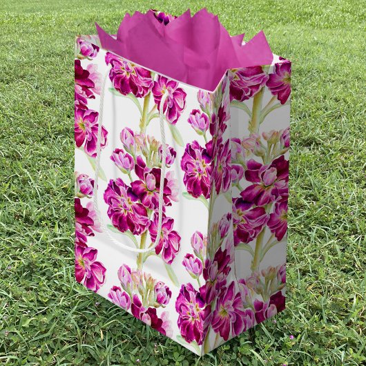 ピンクのホアリーの水彩花柄 ミディアムペーパーバッグ