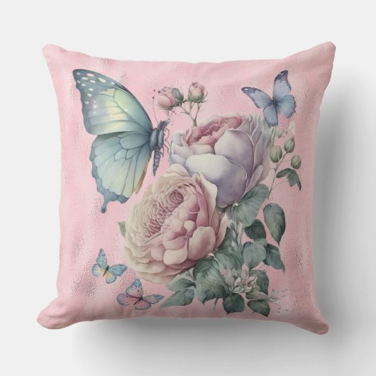 ピンクのホイルラベンダーとピンクの牡丹と蝶 クッション (正面)
