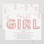 ピンクのホイル風船 コンフェッティ 女の子 ベビーシャワー 招待状 (正面/裏面)