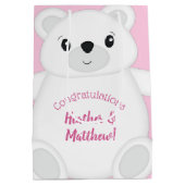 ピンクのホッキョクグマのベビーシャワー ミディアムペーパーバッグ (裏面)