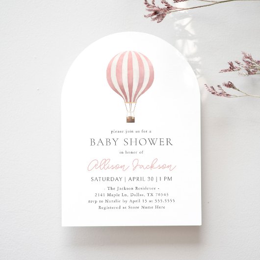 ピンクのホットエアバルーンガールアーチベイビーシャワー 招待状