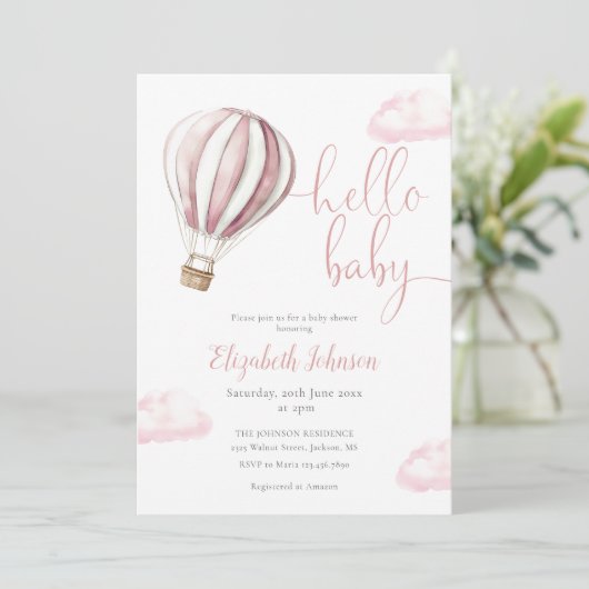 ピンクのホットエアバルーンガールオールインワンベビーシャワーI 招待状 (スタンド正面)