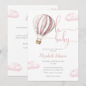 ピンクのホットエアバルーンガール オールインワン ベビーシャワー 招待状 (正面/裏面)