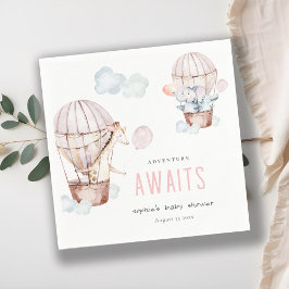 ピンクのホットエアバルーンサファリ動物ベビーシャワー スタンダードカクテルナプキン