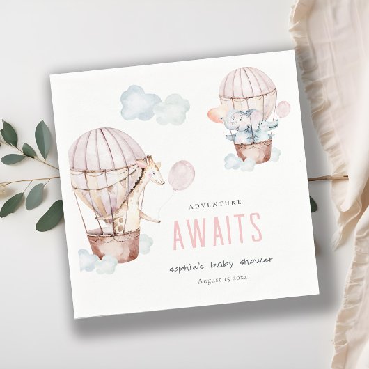 ピンクのホットエアバルーンサファリ動物ベビーシャワー スタンダードカクテルナプキン