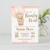 ピンクのホットエアバルーンテディベアをテーマにした赤ちゃんシャワー 招待状 (スタンド正面)