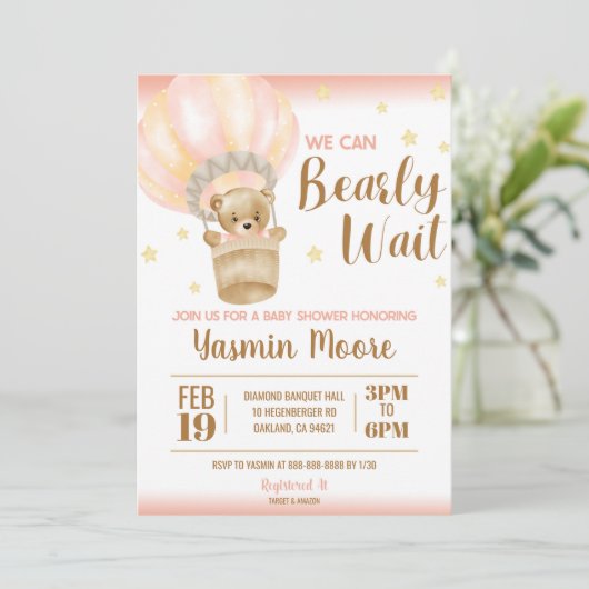 ピンクのホットエアバルーンテディベアをテーマにした赤ちゃんシャワー 招待状 (スタンド正面)