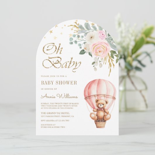 ピンクのホットエアバルーンテディベアアーチベイビーシャワー 招待状 (スタンド正面)
