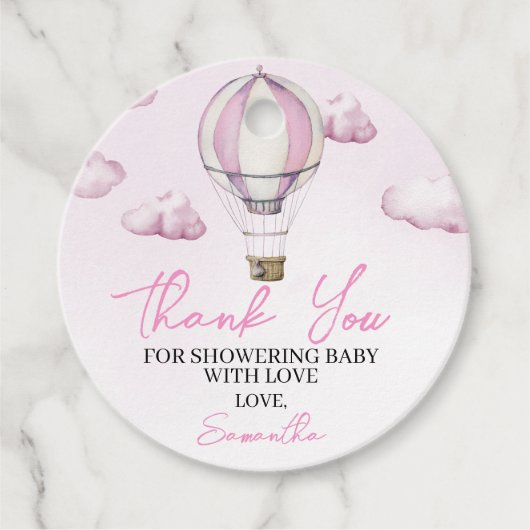 ピンクのホットエアバルーンベビーシャワーラウンドメッセージカード フェイバータグ (正面)