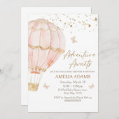 ピンクのホットエアバルーンベビーシャワー招待状、女の子 招待状 (正面/裏面)