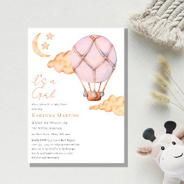 ピンクのホットエアバルーンホワイト女の子の赤ちゃんシャワー 招待状