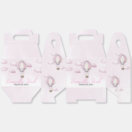 ピンクのホットエアバルーン赤ちゃんシャワーお気に入りボックス フェイバーボックス (見開き)