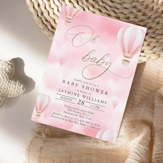 ピンクのホットエアバルーン赤ちゃんシャワー 招待状