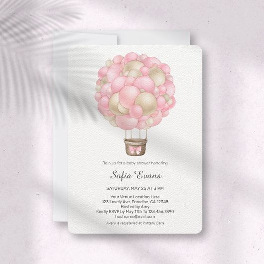 ピンクのホットエアバルーン赤ちゃんシャワー 招待状