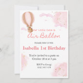 ピンクのホットエアバルーン1stバースデークラウドの招待 招待状 (正面)