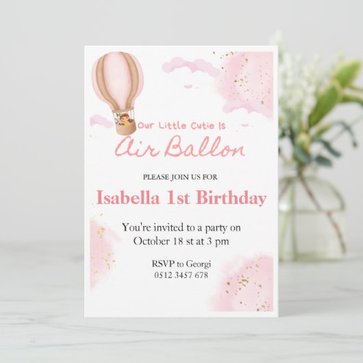 ピンクのホットエアバルーン1stバースデークラウドの招待 招待状 (スタンド正面)