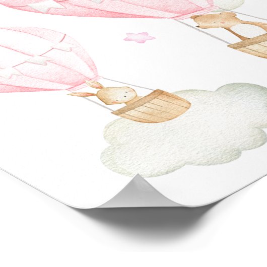 ピンクのホットエアバルーン, かわいい動物, 女の子の寝室 ポスター (角)