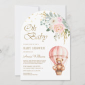 ピンクのホットエアバルーン テディベア アーチ ベビーシャワー 招待状 (正面)