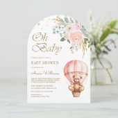 ピンクのホットエアバルーン テディベア アーチ ベビーシャワー 招待状 (スタンド正面)