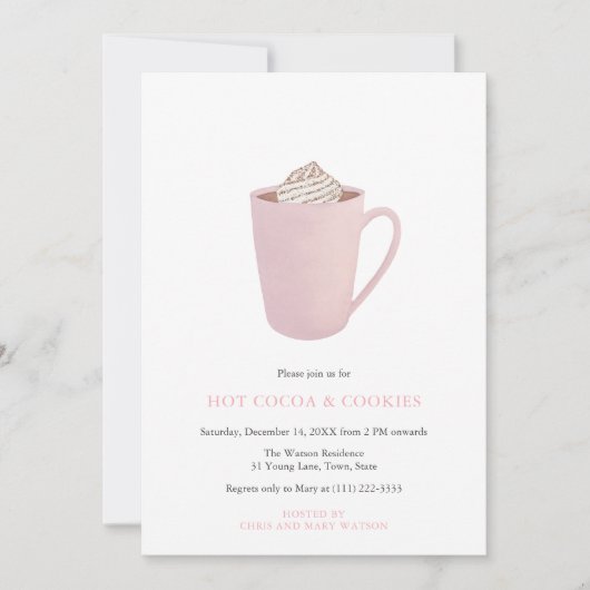 ピンクのホットココアとクッキーのクリスマスパーティー 招待状 (正面)