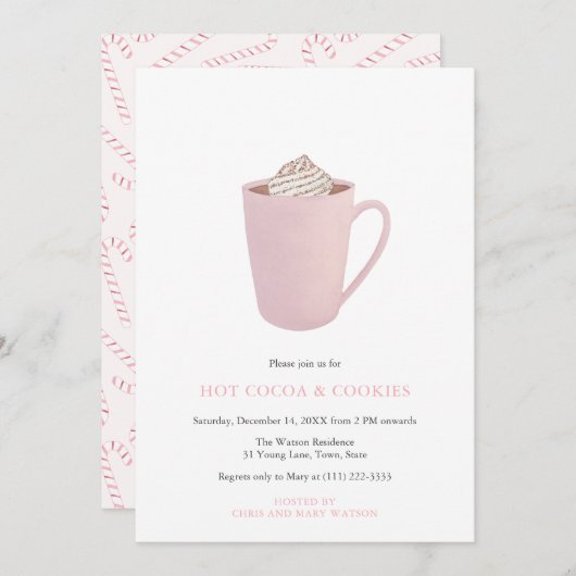 ピンクのホットココアとクッキーのクリスマスパーティー 招待状 (正面/裏面)