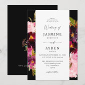 ピンクのホット & ブラッシュ ピンク & パープルの結婚式 V3- ブラック 招待状 (正面/裏面)