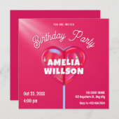 ピンクのホログラフィックキャンディの甘い誕生日 招待状 (正面/裏面)