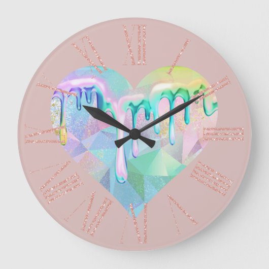ピンクのホログラフィックドリップ付きオパール宝石ハート ラージ壁時計 (正面)