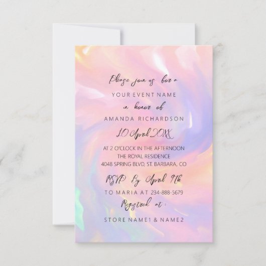 ピンクのホログラフィックパステル スイート 16th ウェディング 招待状 (正面)