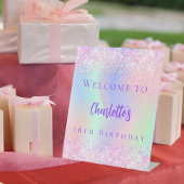 ピンクのホログラフィックパープル誕生日パーティーへようこそ 台座サイン