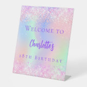 ピンクのホログラフィックパープル誕生日パーティーへようこそ 台座サイン (正面)