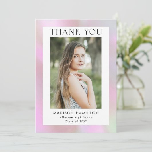 ピンクのホログラフィックフォトの卒業 サンキューカード (スタンド正面)