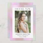 ピンクのホログラフィックフォトの卒業 サンキューカード (正面/裏面)