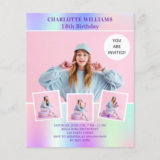 ピンクのホログラフィックフォトバジェット誕生日の招待状 (正面)