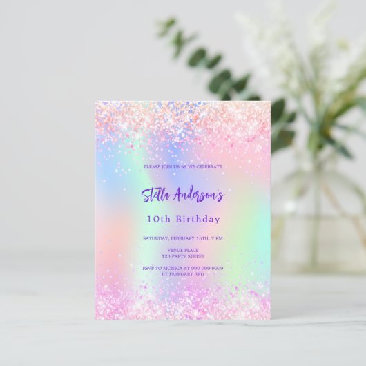 ピンクのホログラフィック10th誕生日の予算の招待 (スタンド正面)