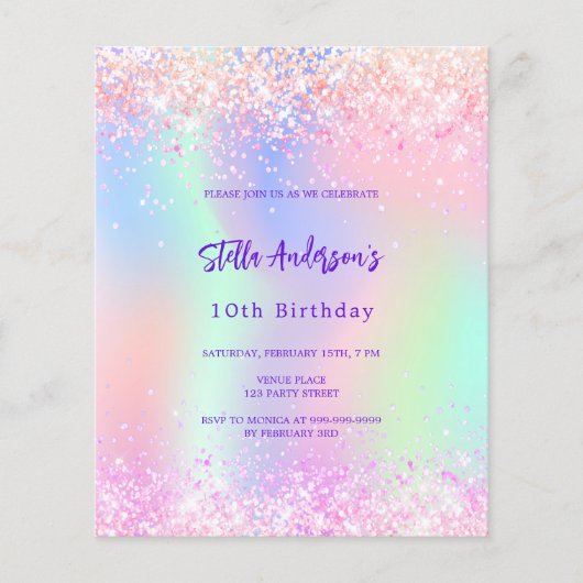 ピンクのホログラフィック10th誕生日の予算の招待 (正面)