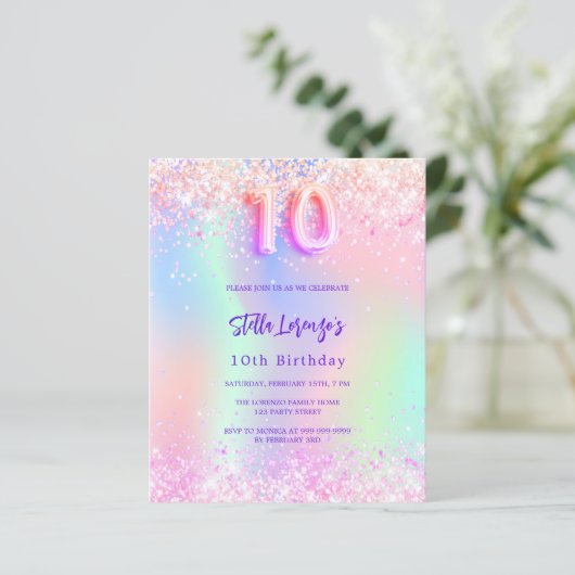 ピンクのホログラフィック10th誕生日の予算の招待 (スタンド正面)