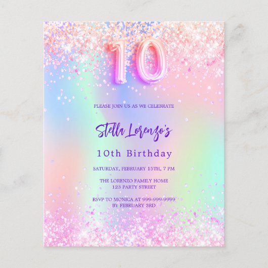 ピンクのホログラフィック10th誕生日の予算の招待 (正面)